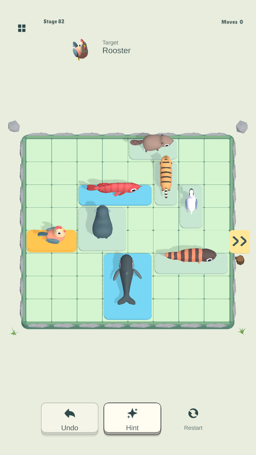 Stage 82 with a rooster target and several animals of different sizes